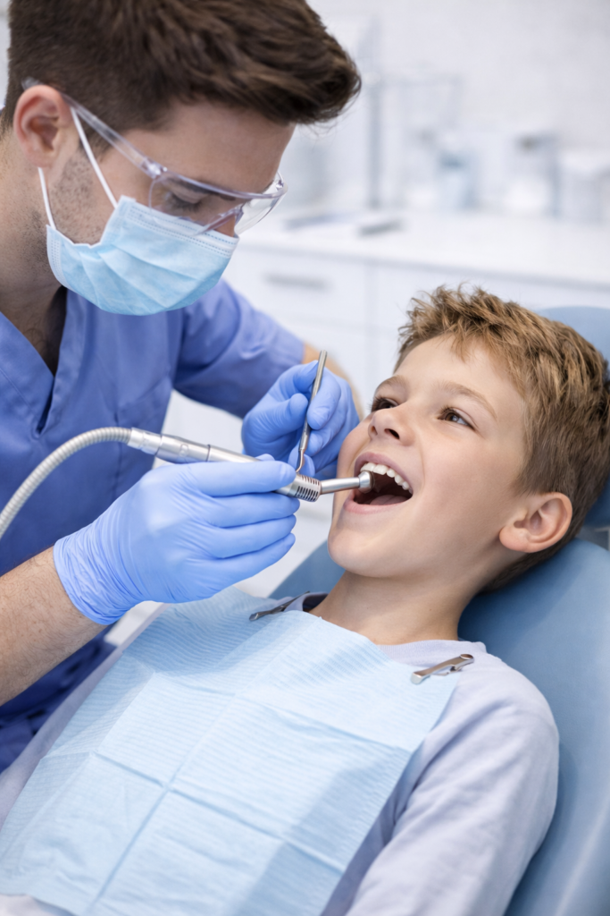 Dentista atendiendo a niño en consulta de odontopediatría en Bormujos - Clínica Silos