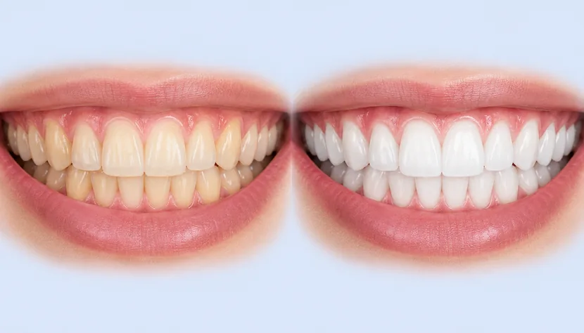 Blanqueamiento dental antes y después Antes y después de un blanqueamiento dental: dientes amarillentos y dientes varios tonos más blancos