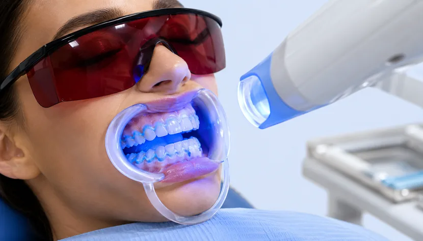 Blanqueamiento profesional con luz LED Blanqueamiento dental profesional en clínica con gel y lámpara de luz LED en Bormujos