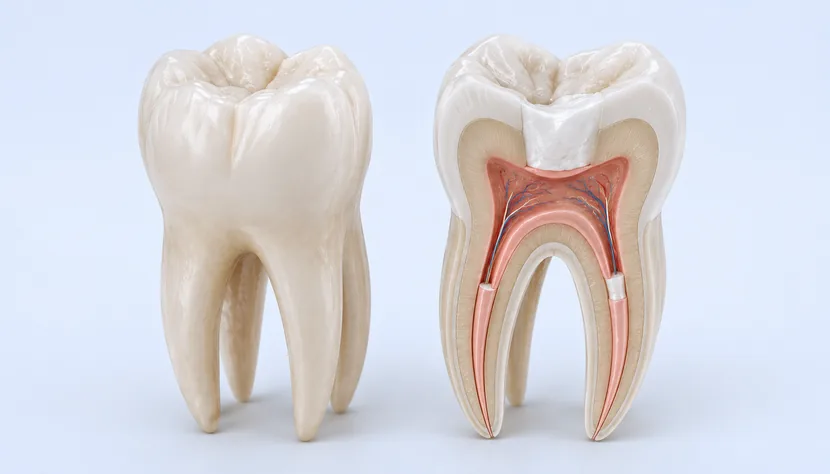 Endodoncia o tratamiento de conductos Sección de un molar con los conductos radiculares tratados en una endodoncia en Bormujos