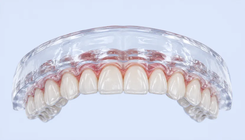Férula de descarga transparente sobre la arcada dental para tratar el bruxismo en Bormujos