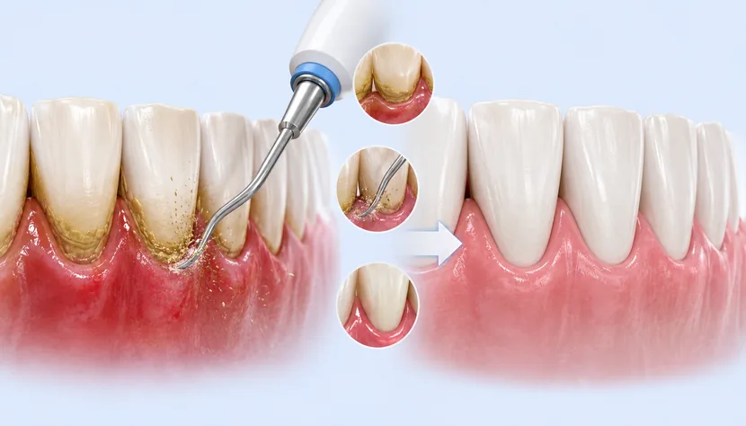 Limpieza dental profunda con raspado y alisado radicular para tratar la periodoncia en Bormujos