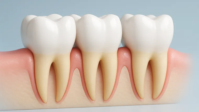 Dientes con las encías retraídas dejando ver la raíz — recesión gingival