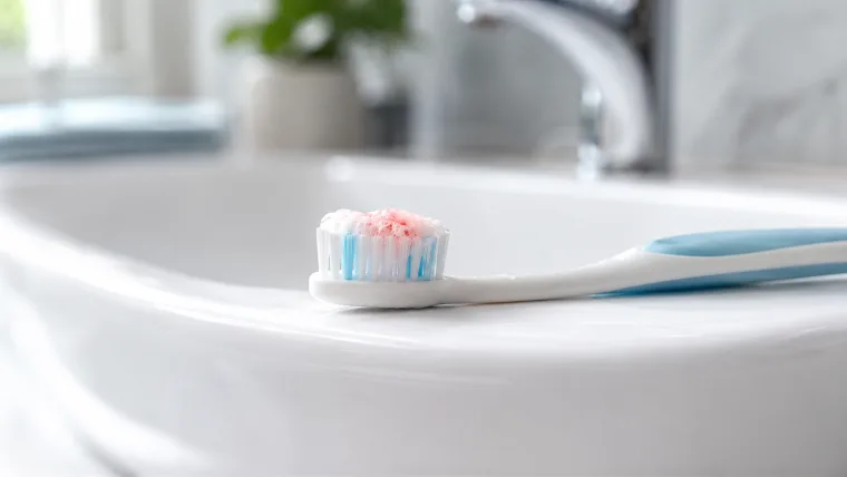 Cepillo de dientes con espuma rosada por sangrado de encías
