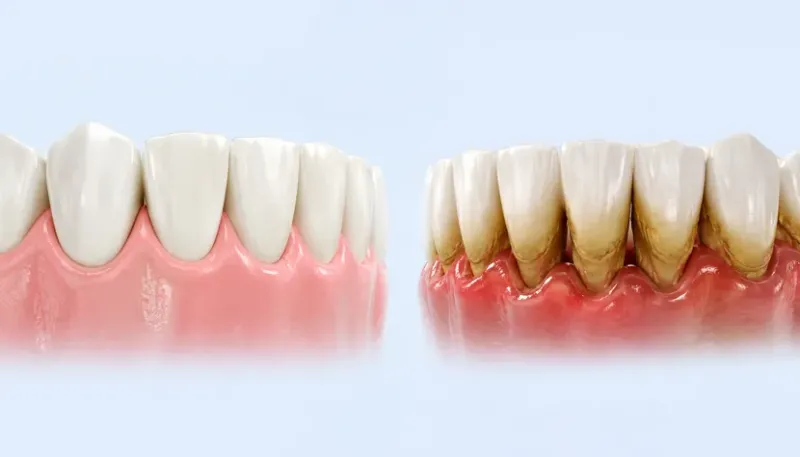 Encías sanas frente a encías con periodontitis en Bormujos